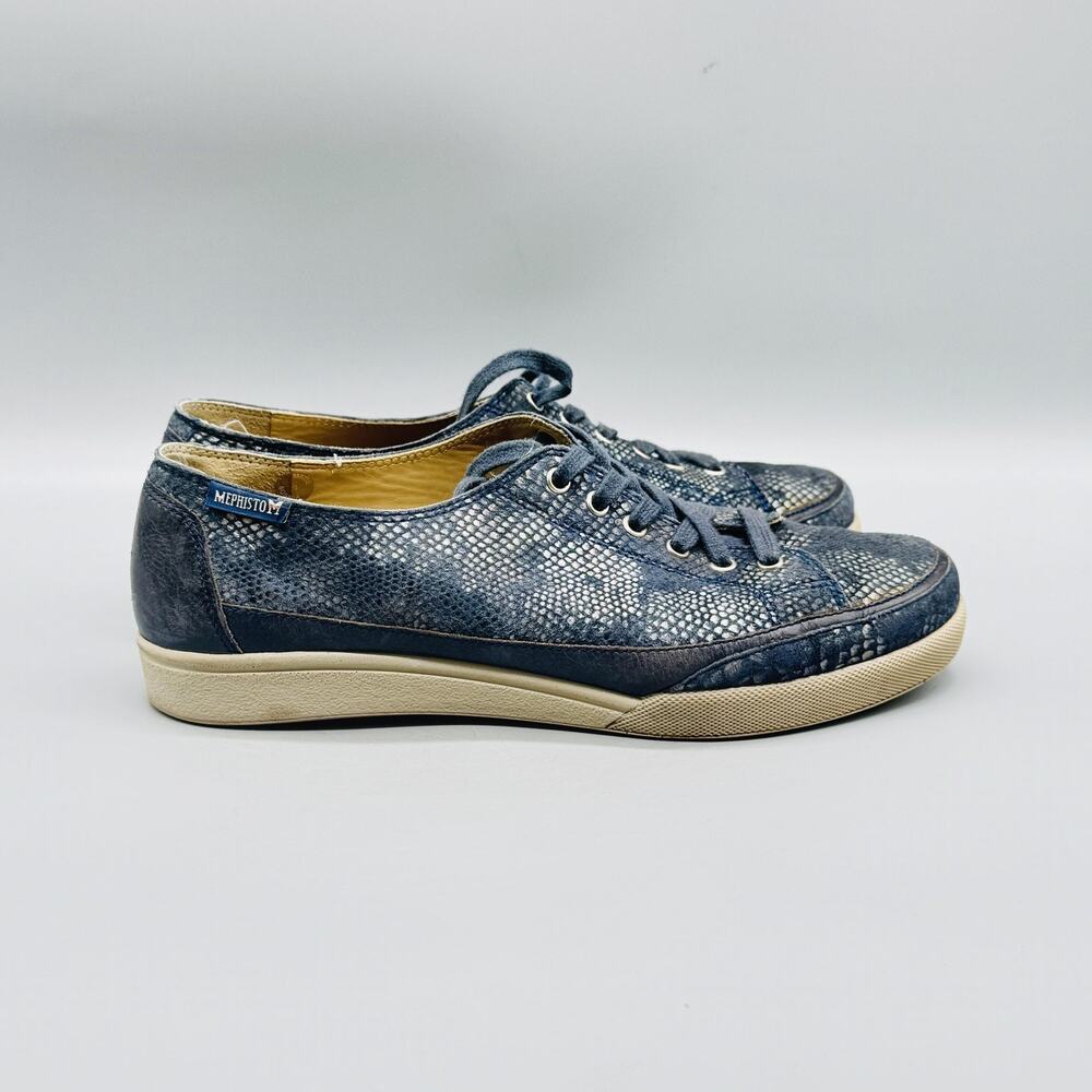 Mephisto Shoes Womens 7 Blue Leather Runoff Snake Print Low Top Lace Up Sneakers